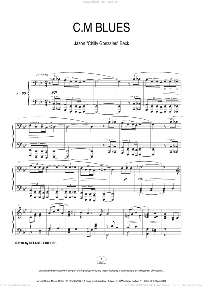 C.M Blues sheet music for piano solo by Chilly Gonzales and Jason Beck, intermediate skill level