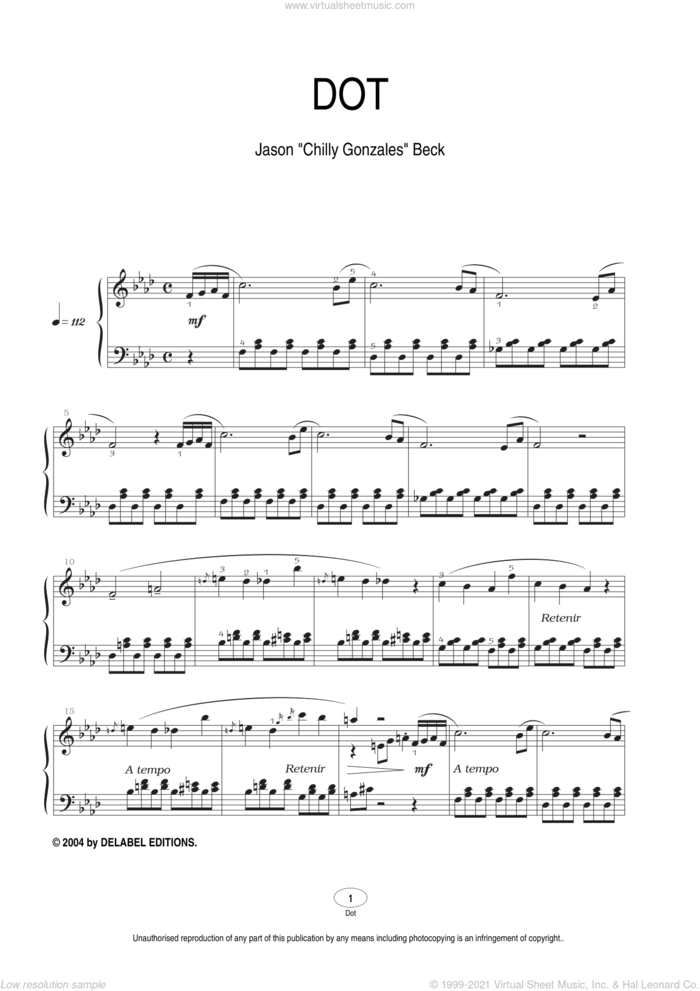 Dot sheet music for piano solo by Chilly Gonzales and Jason Beck, intermediate skill level