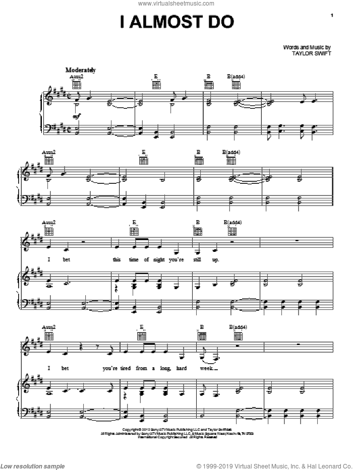 I Almost Do sheet music for voice, piano or guitar by Taylor Swift, intermediate skill level