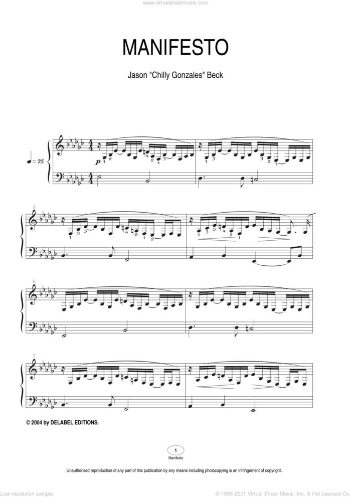 Manifesto sheet music for piano solo by Chilly Gonzales and Jason Beck, intermediate skill level