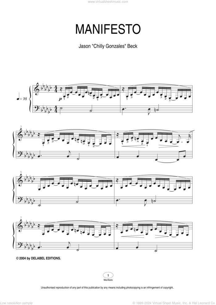 Manifesto sheet music for piano solo by Chilly Gonzales and Jason Beck, intermediate skill level