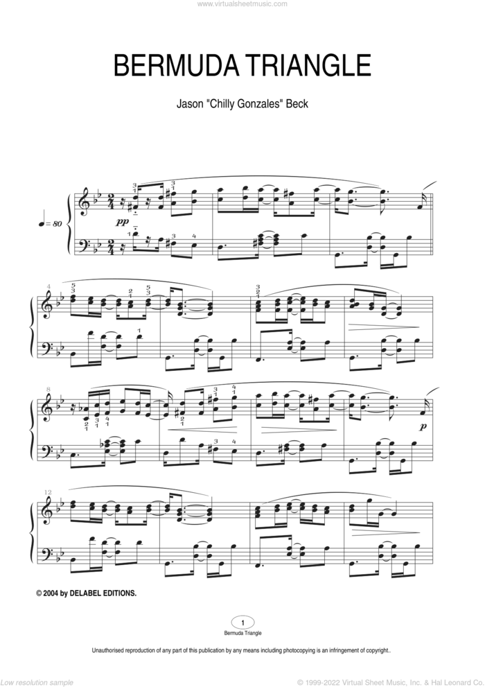 Bermuda Triangle sheet music for piano solo by Chilly Gonzales and Jason Beck, intermediate skill level