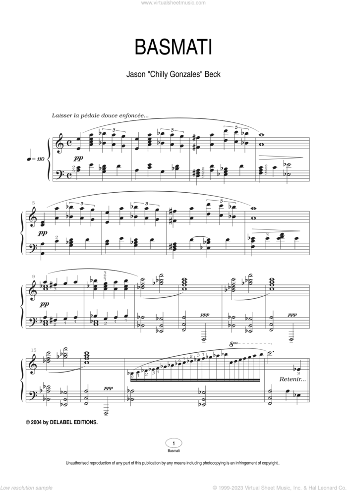 Basmati sheet music for piano solo by Chilly Gonzales and Jason Beck, intermediate skill level