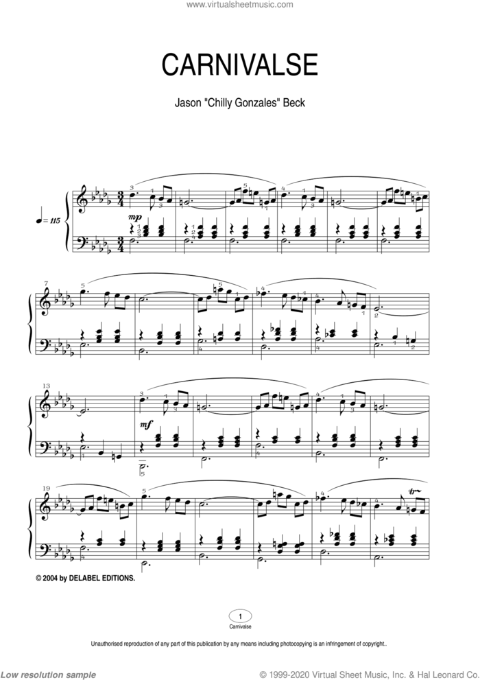 Carnivalse sheet music for piano solo by Chilly Gonzales and Jason Beck, intermediate skill level