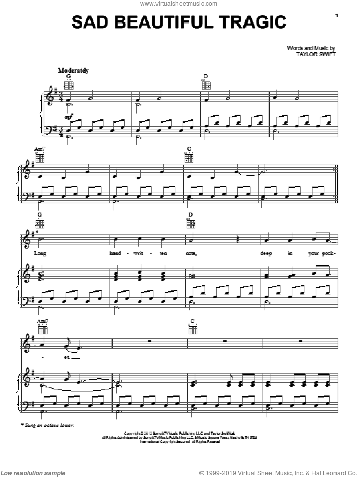 Sad Beautiful Tragic sheet music for voice, piano or guitar by Taylor Swift, intermediate skill level