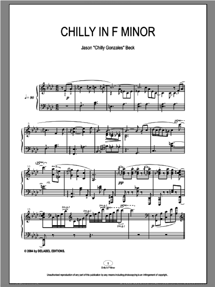 Chilly In F Minor sheet music for piano solo by Chilly Gonzales and Jason Beck, intermediate skill level
