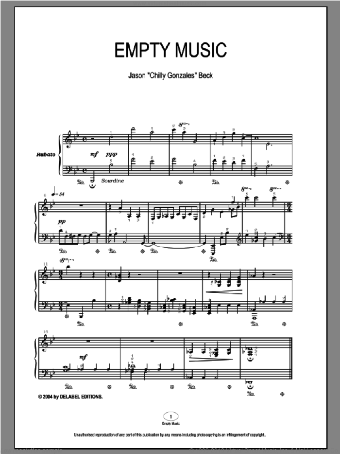 Empty Music sheet music for piano solo by Chilly Gonzales and Jason Beck, intermediate skill level