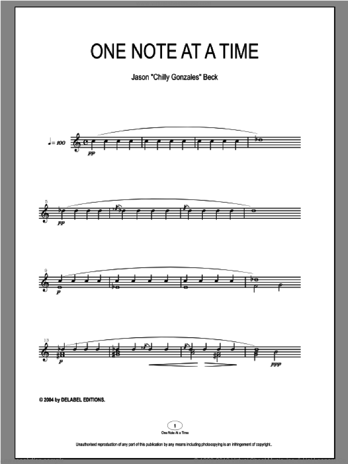 One Note At A Time sheet music for piano solo by Chilly Gonzales and Jason Beck, intermediate skill level