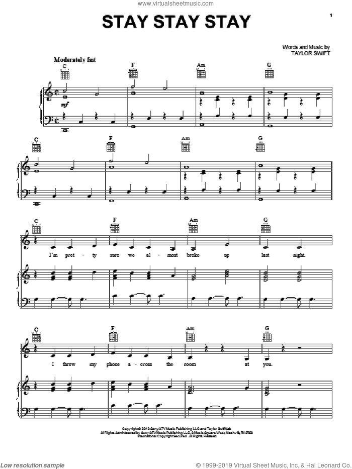 Stay Stay Stay sheet music for voice, piano or guitar by Taylor Swift, intermediate skill level