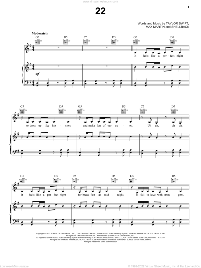 22 sheet music for voice, piano or guitar by Taylor Swift, Max Martin and Shellback, intermediate skill level