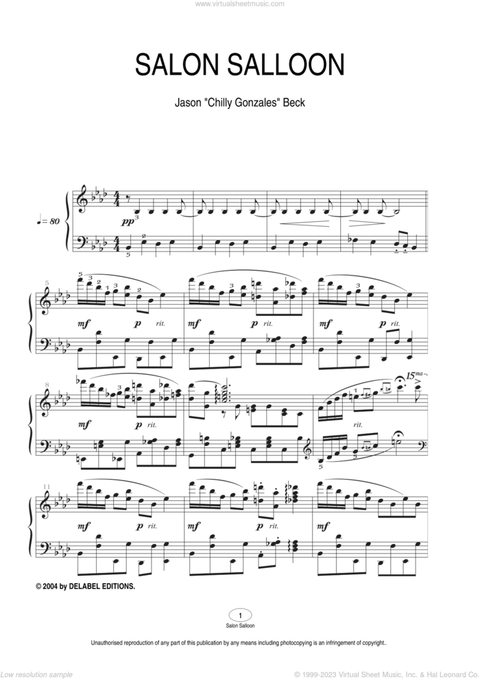 Salon Salloon sheet music for piano solo by Chilly Gonzales and Jason Beck, intermediate skill level