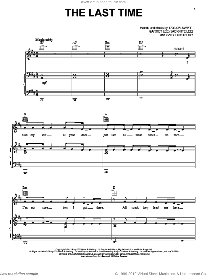 The Last Time sheet music for voice, piano or guitar by Taylor Swift, Garret Lee (Jacknife Lee) and Gary Lightbody, intermediate skill level
