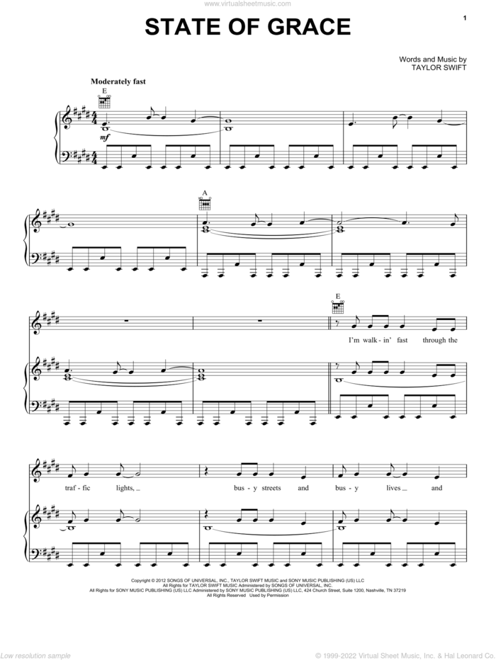 State Of Grace sheet music for voice, piano or guitar by Taylor Swift, intermediate skill level
