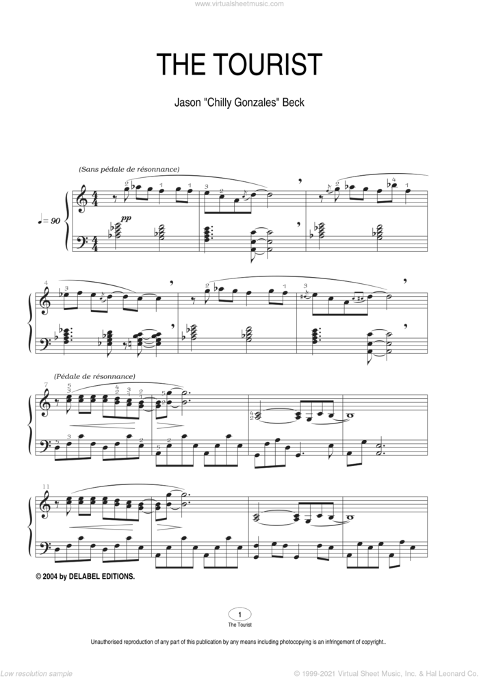The Tourist sheet music for piano solo by Chilly Gonzales and Jason Beck, intermediate skill level