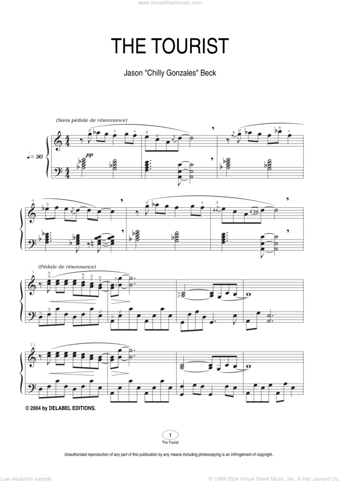 The Tourist sheet music for piano solo by Chilly Gonzales and Jason Beck, intermediate skill level