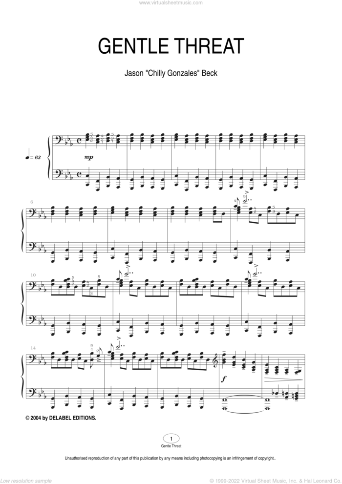 Gentle Threat sheet music for piano solo by Chilly Gonzales and Jason Beck, intermediate skill level