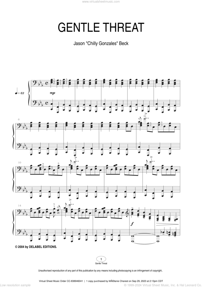 Gentle Threat sheet music for piano solo by Chilly Gonzales and Jason Beck, intermediate skill level