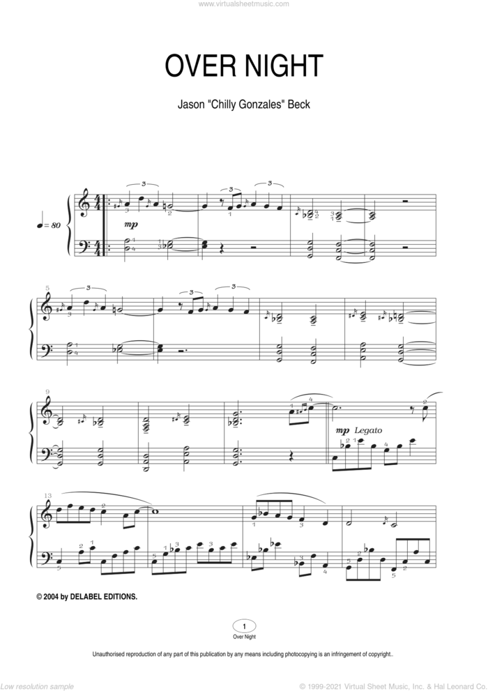Over Night sheet music for piano solo by Chilly Gonzales and Jason Beck, intermediate skill level