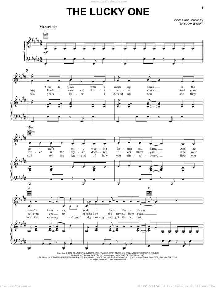 The Lucky One sheet music for voice, piano or guitar by Taylor Swift, intermediate skill level
