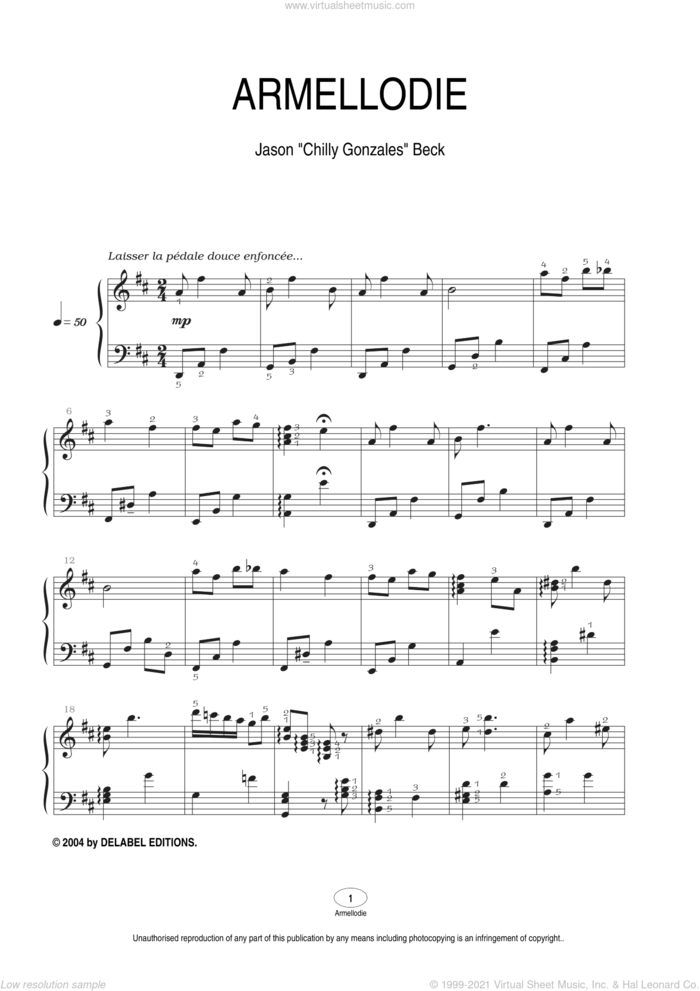 Armellodie sheet music for piano solo by Chilly Gonzales and Jason Beck, intermediate skill level