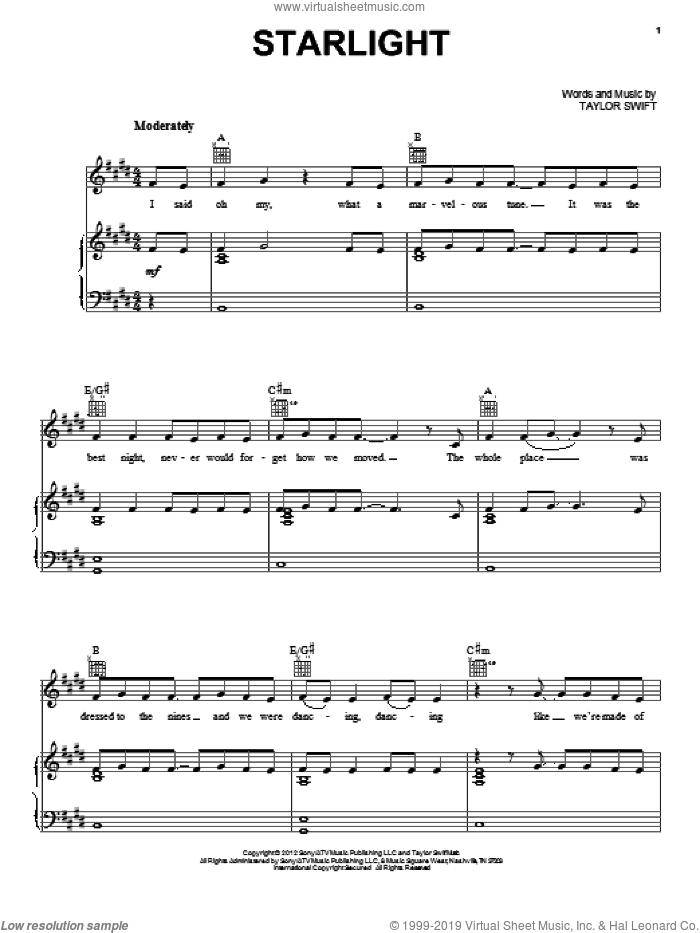 Starlight sheet music for voice, piano or guitar by Taylor Swift, intermediate skill level
