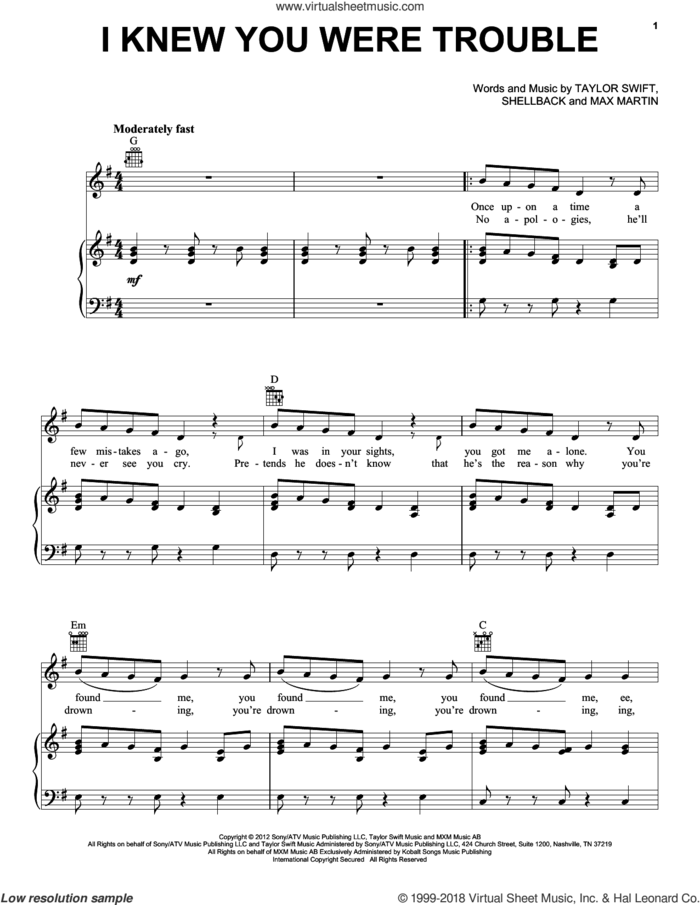 I Knew You Were Trouble sheet music for voice, piano or guitar by Taylor Swift, Max Martin and Shellback, intermediate skill level
