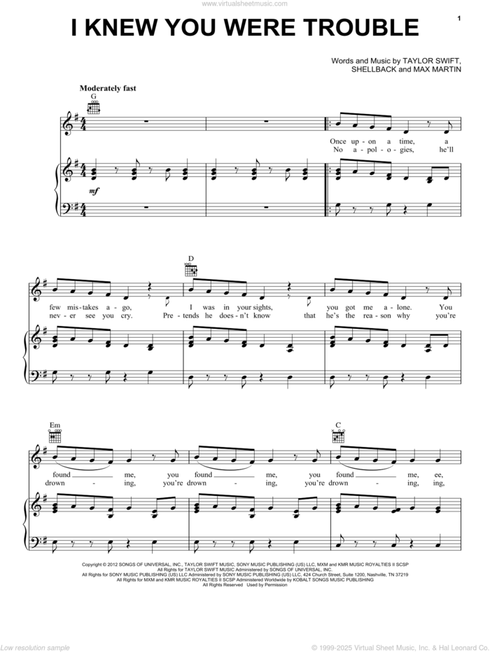 I Knew You Were Trouble sheet music for voice, piano or guitar by Taylor Swift, Max Martin and Shellback, intermediate skill level