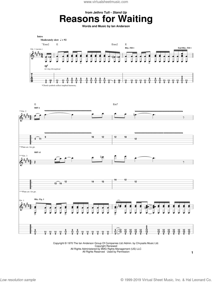 Reasons For Waiting sheet music for guitar (tablature) by Jethro Tull and Ian Anderson, intermediate skill level