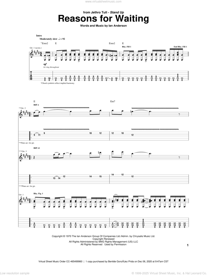 Reasons For Waiting sheet music for guitar (tablature) by Jethro Tull and Ian Anderson, intermediate skill level