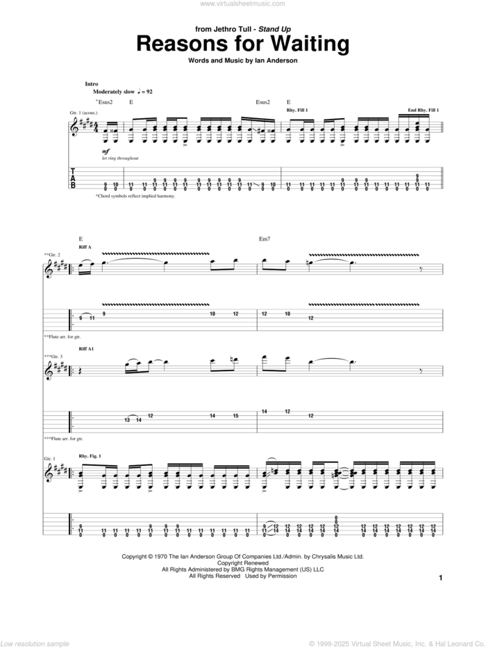 Reasons For Waiting sheet music for guitar (tablature) by Jethro Tull and Ian Anderson, intermediate skill level