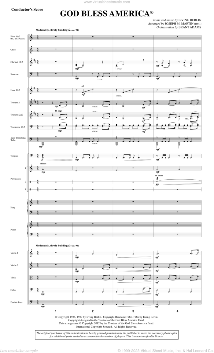 God Bless America sheet music for orchestra/band (score) by Joseph M. Martin and Irving Berlin, intermediate skill level