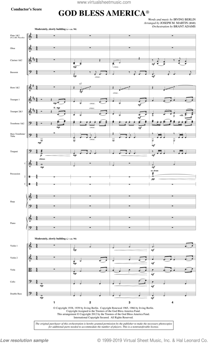 God Bless America (COMPLETE) sheet music for orchestra by Joseph M. Martin and Irving Berlin, intermediate skill level