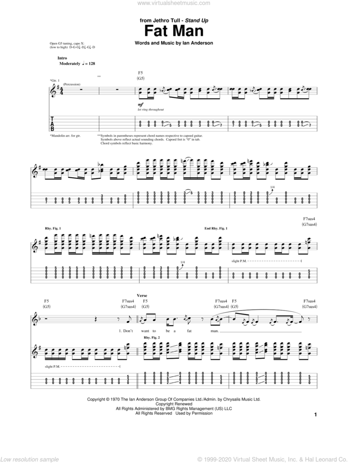 Fat Man sheet music for guitar (tablature) by Jethro Tull and Ian Anderson, intermediate skill level