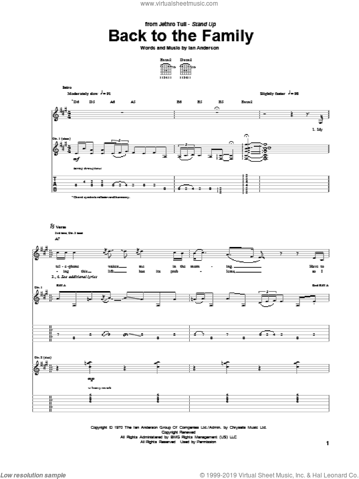 Back To The Family sheet music for guitar (tablature) by Jethro Tull and Ian Anderson, intermediate skill level