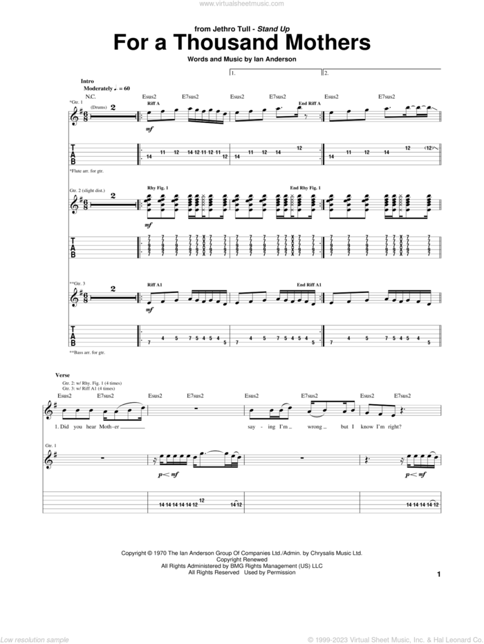 For A Thousand Mothers sheet music for guitar (tablature) by Jethro Tull and Ian Anderson, intermediate skill level