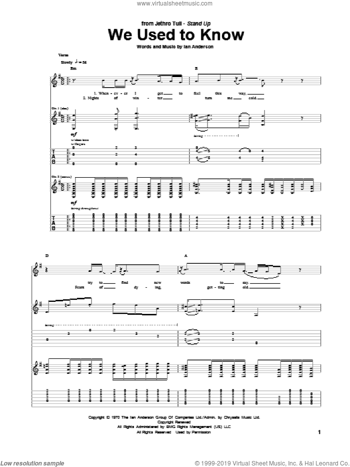 We Used To Know sheet music for guitar (tablature) by Jethro Tull and Ian Anderson, intermediate skill level