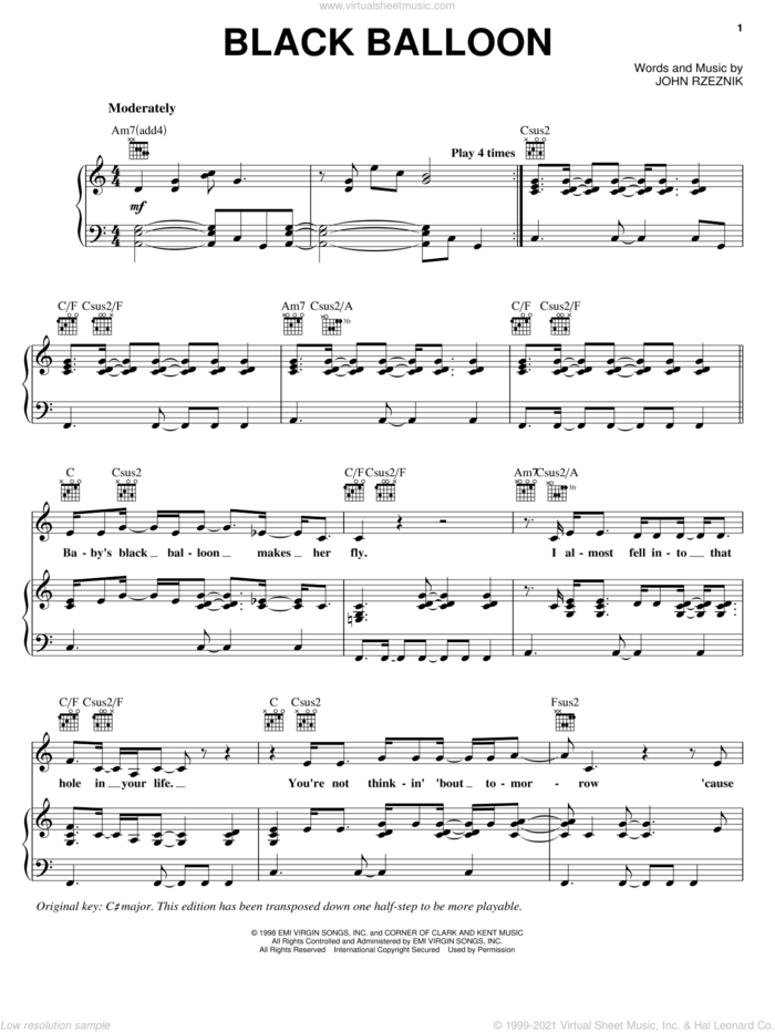 Black Balloon sheet music for voice, piano or guitar by Goo Goo Dolls and John Rzeznik, intermediate skill level