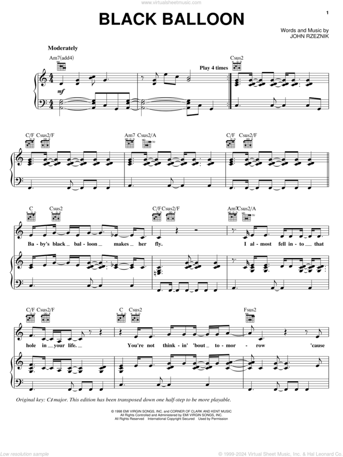 Black Balloon sheet music for voice, piano or guitar by Goo Goo Dolls and John Rzeznik, intermediate skill level