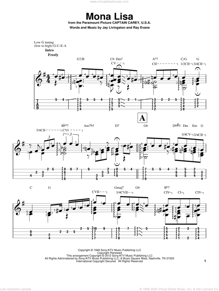 Mona Lisa sheet music for ukulele (easy tablature) (ukulele easy tab) by Nat King Cole, Jay Livingston and Ray Evans, intermediate skill level