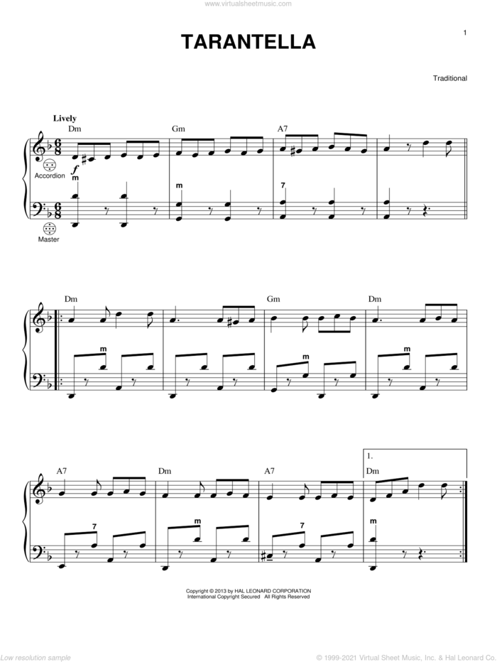 Tarantella sheet music for accordion, intermediate skill level
