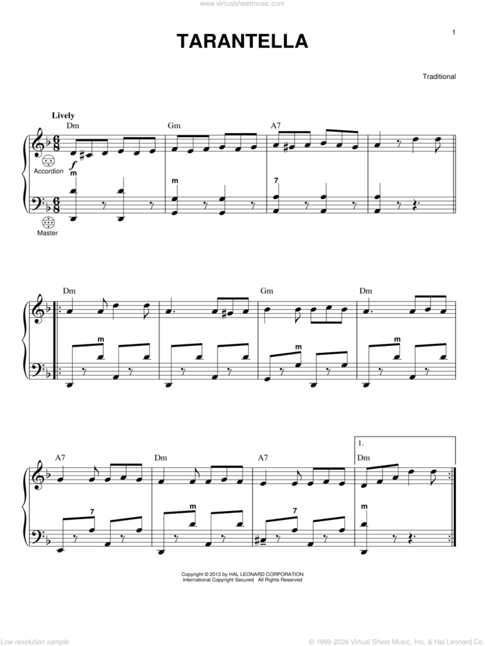 Tarantella sheet music for accordion, intermediate skill level