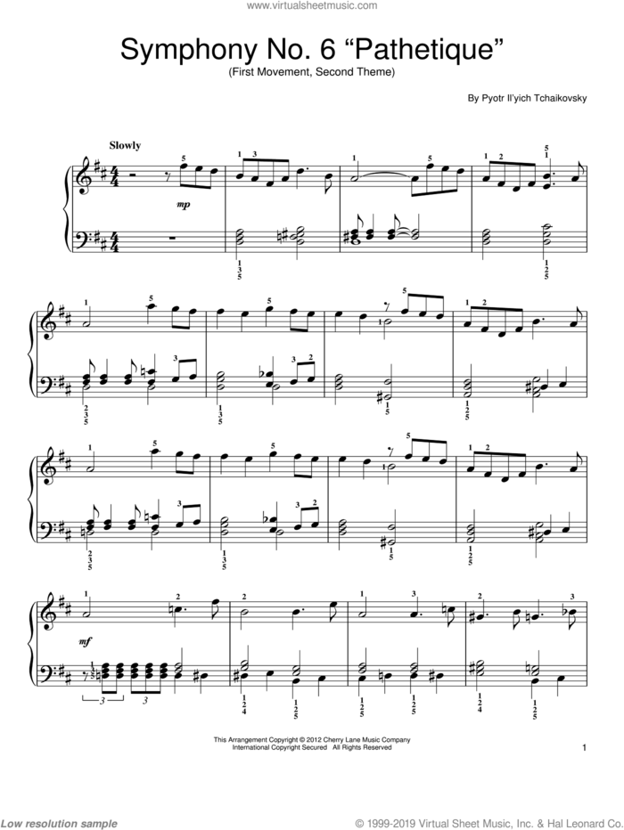 Symphony No. 6 In B Minor (Pathetique) sheet music for piano solo by Pyotr Ilyich Tchaikovsky, classical score, easy skill level