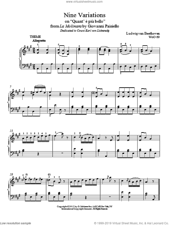 Nine Variations On 'Quant' E Piu Bello' (arr. Immanuela Gruenberg) sheet music for piano solo by Ludwig van Beethoven and Immanuela Gruenberg, intermediate skill level