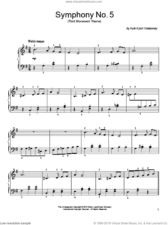 Symphony No. 5 In E Minor, Op. 64, Third Movement ('Waltz') Excerpt, (easy) sheet music for piano solo by Pyotr Ilyich Tchaikovsky, classical score, easy skill level