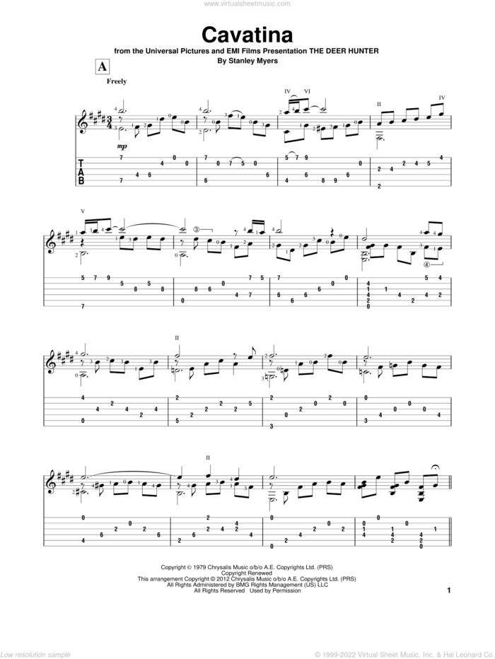Cavatina (from The Deer Hunter) sheet music for guitar solo by Gene Bertoncini and Stanley Myers, intermediate skill level