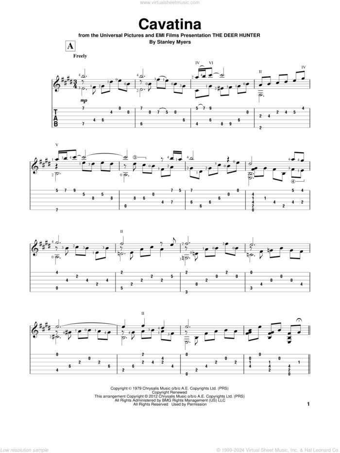 Cavatina (from The Deer Hunter) sheet music for guitar solo by Gene Bertoncini and Stanley Myers, intermediate skill level