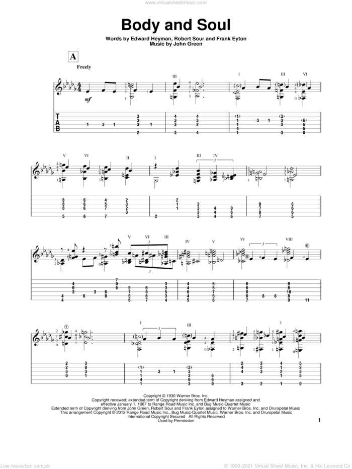 Body And Soul sheet music for guitar solo by Gene Bertoncini, Edward Heyman, Frank Eyton, Johnny Green and Robert Sour, intermediate skill level