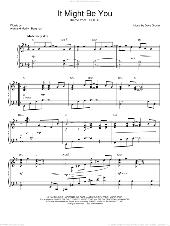 It Might Be You sheet music for piano solo by Marilyn Bergman, Alan and Dave Grusin, intermediate skill level