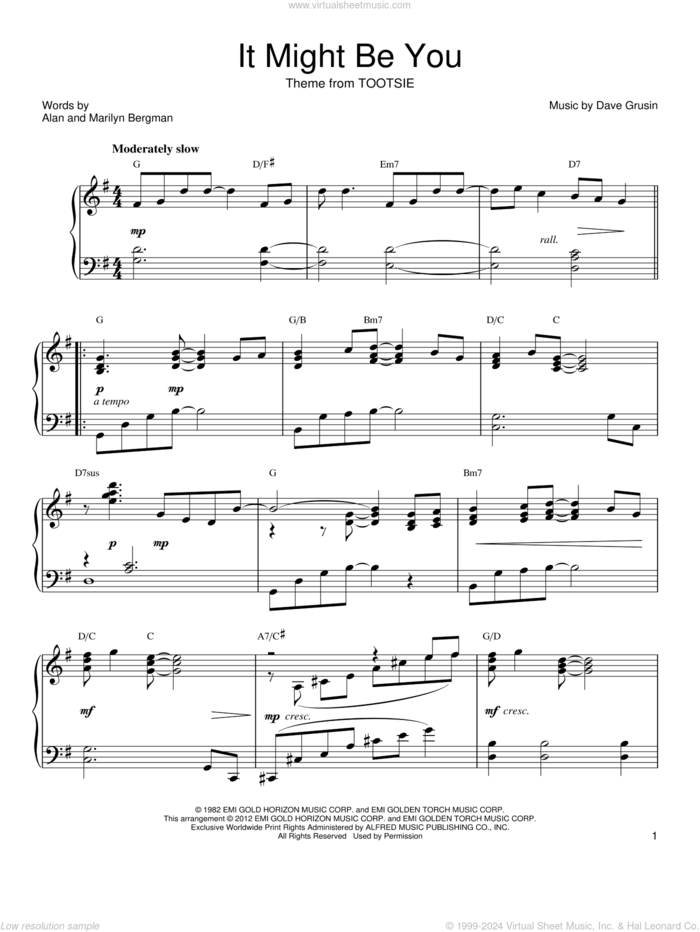 It Might Be You sheet music for piano solo by Marilyn Bergman, Alan and Dave Grusin, intermediate skill level