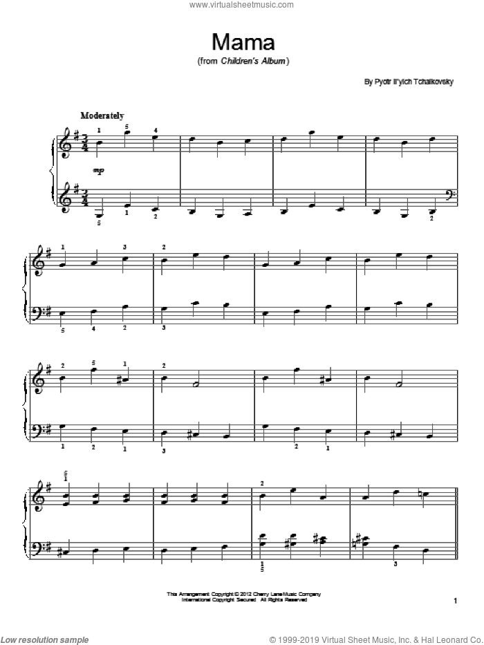 Mama, (easy) sheet music for piano solo by Pyotr Ilyich Tchaikovsky, classical score, easy skill level